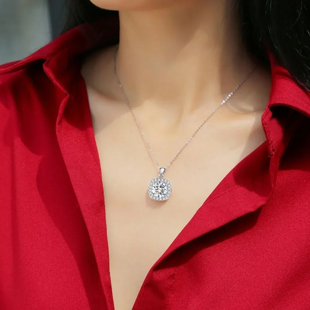 Certified 5ct. t.w. Moissanite Diamond Square Halo Necklace NEW - Picture 3 of 12
